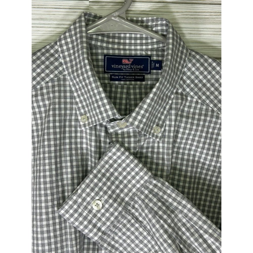 Vineyard Vines Men's Med Gray Gingham Classic Fit Tucker Long Sleeve Shirt‎